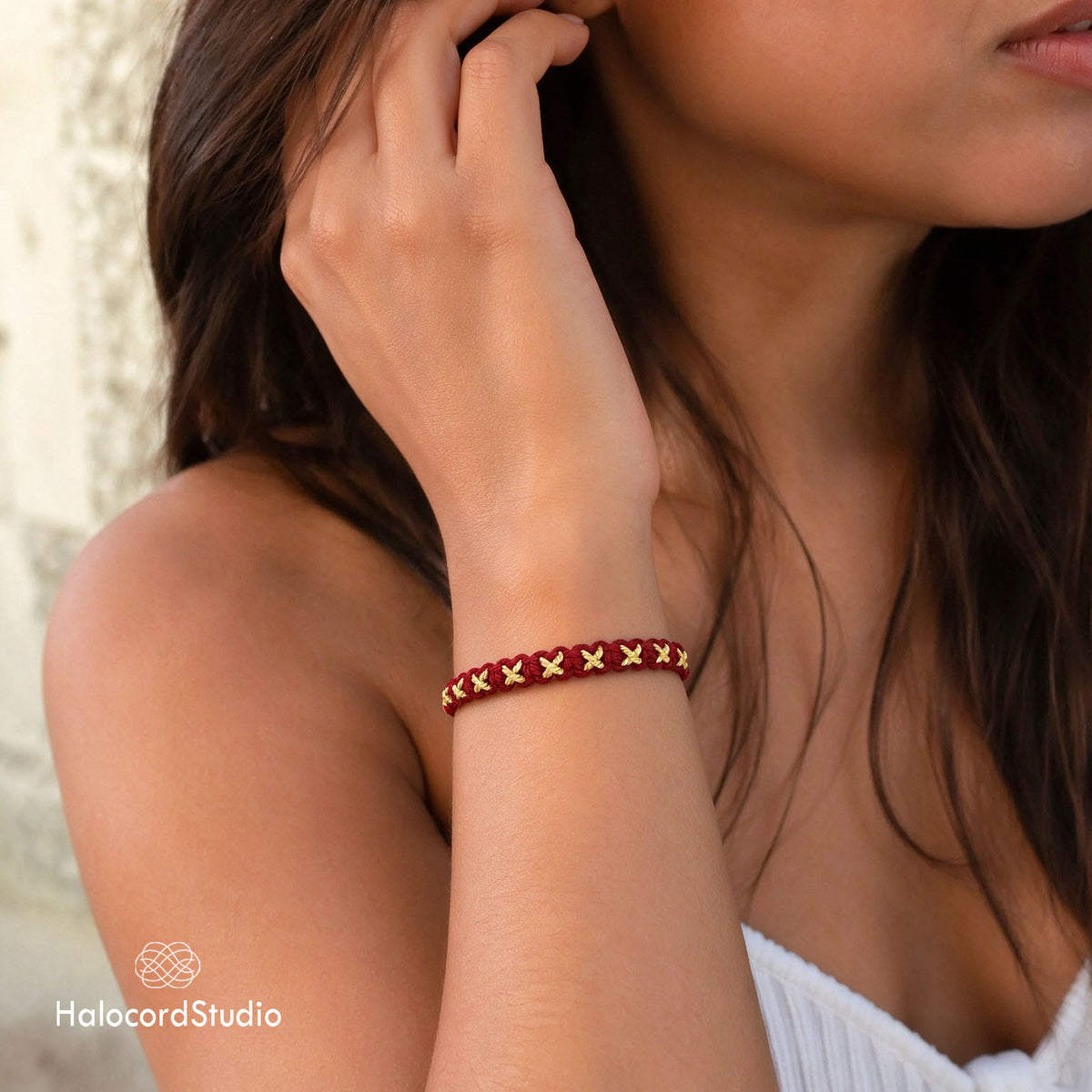 Handmade Woven Cross-Stitch Cord Bracelet – Adjustable Sliding Clasp